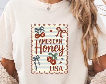 American Honey, Trendy Red White Blue Front Design, USA Independence Fourth of July Memorial, Womens 4th of July Shirt, Stars Stripes