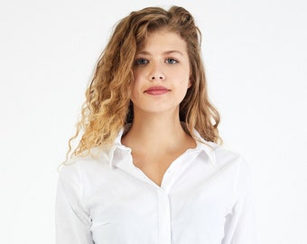 Chemise classique pour femmes, chemise blanche à manches longues, chemise à usage quotidien, chemise pour femmes élégante, haut de bureau secrétaire, chemise de bureau décontractée