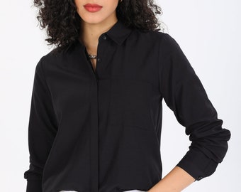 Camisa clásica de mujer con detalle de bolsillo, camisa negra de manga larga, camisa de uso diario, camisa de mujer elegante, top de oficina de secretaria