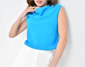 Women's Flowy V-Neck, Opaque, Short-Sleeve Blue Shirt Blouse, Daily Use Shirt, Stylish Women's Shirt, Secretary Office Top, Office Shirt