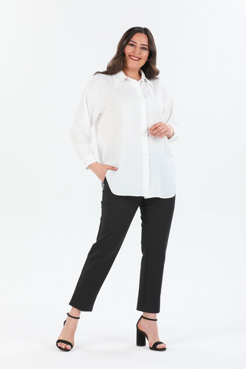 Women's Relaxed Fit Plus Size Linen White Shirt, Long Sleeve Plus Size ...