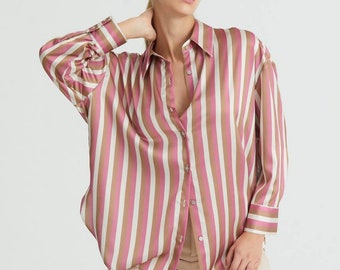 Women's Luxe Satin Striped Oversized Shirt, Daily Use Shirt, Stylish Women's Shirt, Secretary Office Top, Casual Office Shirt