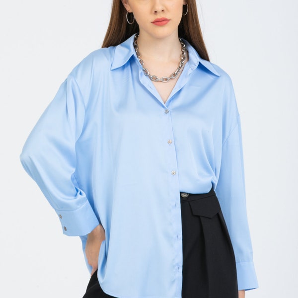 Women's Elegant Blue Oversized Silk Satin Shirt, Effortless Chic Shirt, Stylish Women's Shirt, Oversized Silk Satin Secretary Office Top