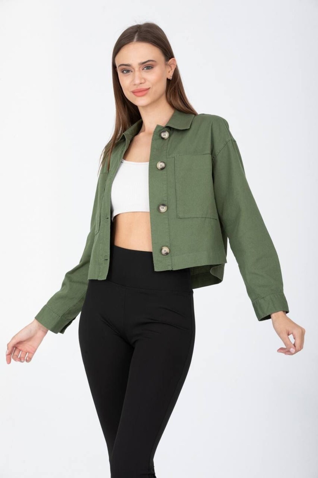 Women's Double Pocket Crop Jacket Shirt, Buttoned Crop Flannel Shirt