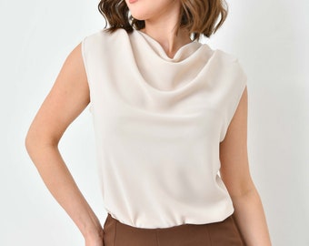 Women's Flowy V-Neck, Opaque, Short-Sleeve Beige Shirt Blouse, Daily Use Shirt, Stylish Women's Shirt, Secretary Office Top, Office Shirt