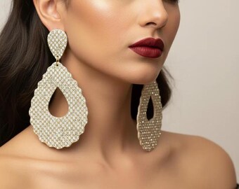 Gold Glitter Teardrop Leather Earrings: Glamorous Dangle Jewelry