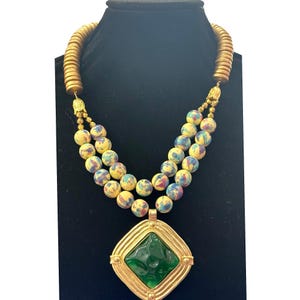 Ethnic Ceramic Bead Statement Necklace – Chunky Handmade Jewelry with Green Pendant – Bold Artistic Necklace – Tribal Neckwear by Risha