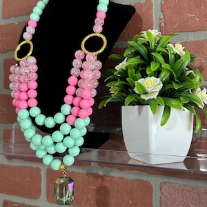 Pink & Mint Beaded Statement Necklace: Chunky Handmade Jewelry