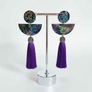 Purple Tassel Earrings: Python Dangle Statement Earrings