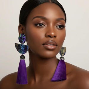 Purple Tassel Earrings: Python Dangle Statement Earrings