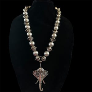 Silver Statement Necklace: Chunky Tribal Beads, Leaf Pendant - Handmade