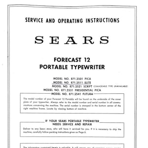 以下が含まれることがあります： Sears Forecast 12 ポータブルタイプライターのサービスと操作説明書。モデル番号、サービス情報、Sears, Roebuck and Co. のロゴが含まれています。テキストは白地に黒色です。