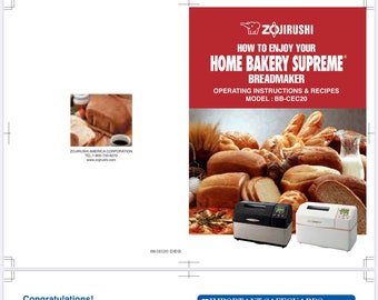 Zojirushi BB-CEC20 2 lb Bread Maker owner Manual 32 pages plus recipes Digital Download