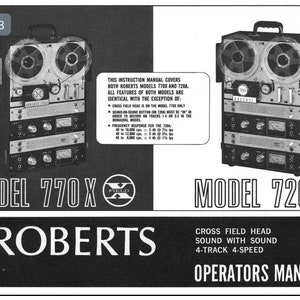 ROBERTS 770X 720A Cross Field Head 4 Track Reel to Reel Tonbandgerät Bedienungsanleitung Digitaler Download