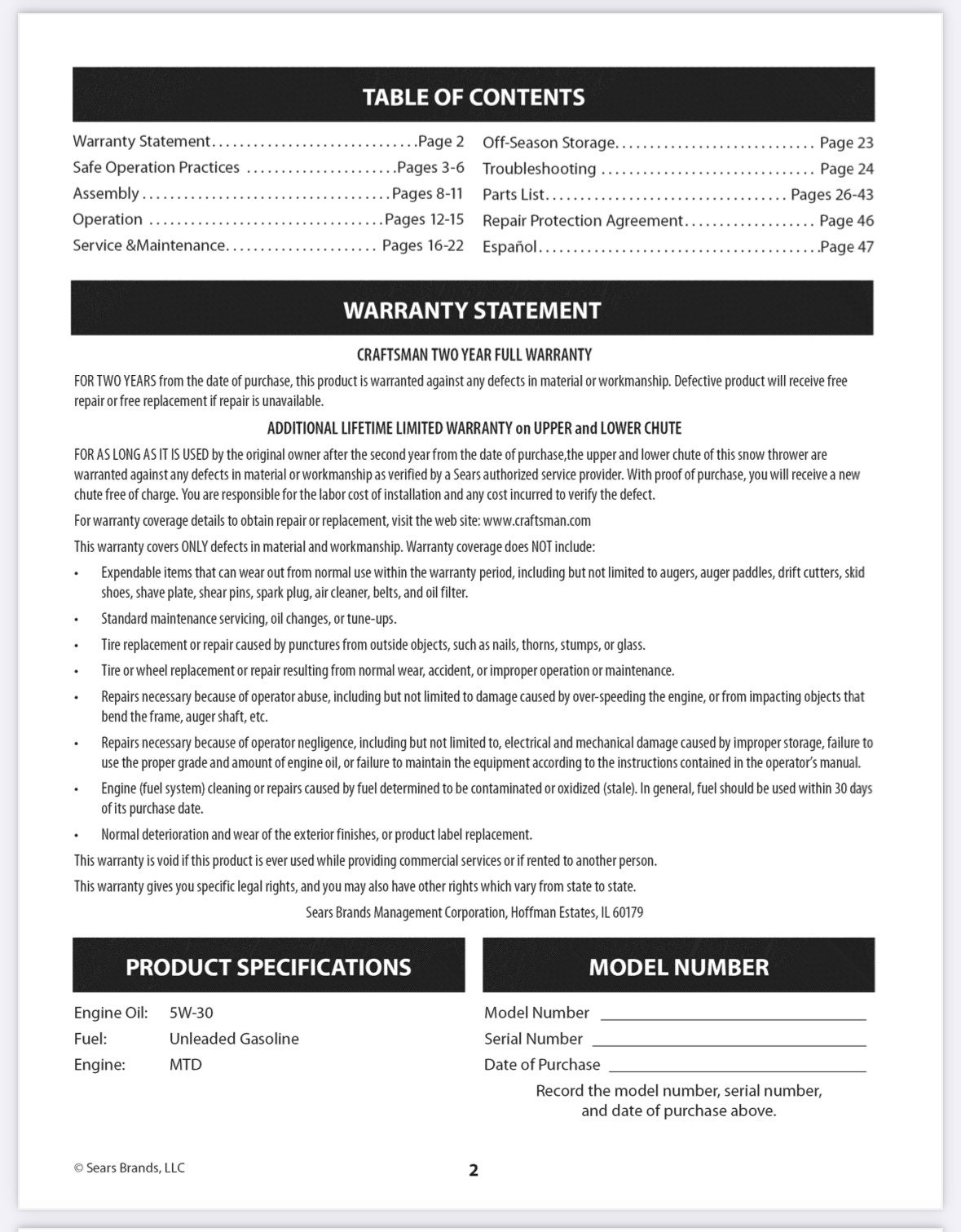 Craftsman 24 Inch Snow Blower 247.881731 Operator Parts Manual Digital ...
