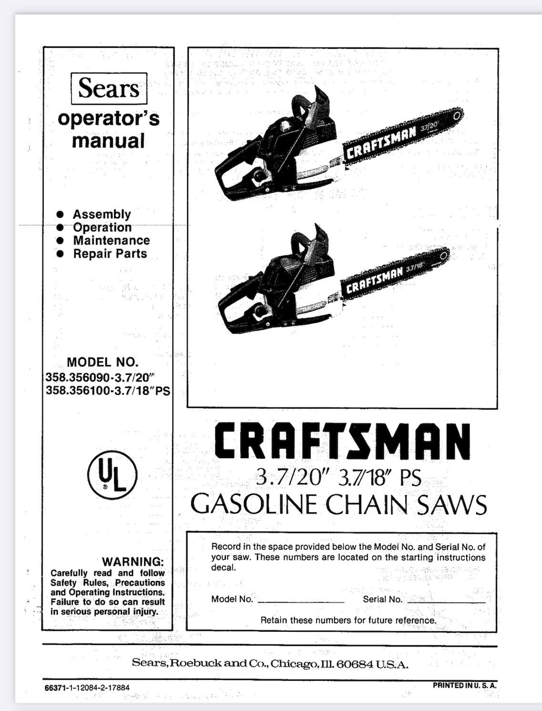 Sears Chainsaw 358.356090 -3.7/20 3.7/18 PS Operator's Manual Digital ...