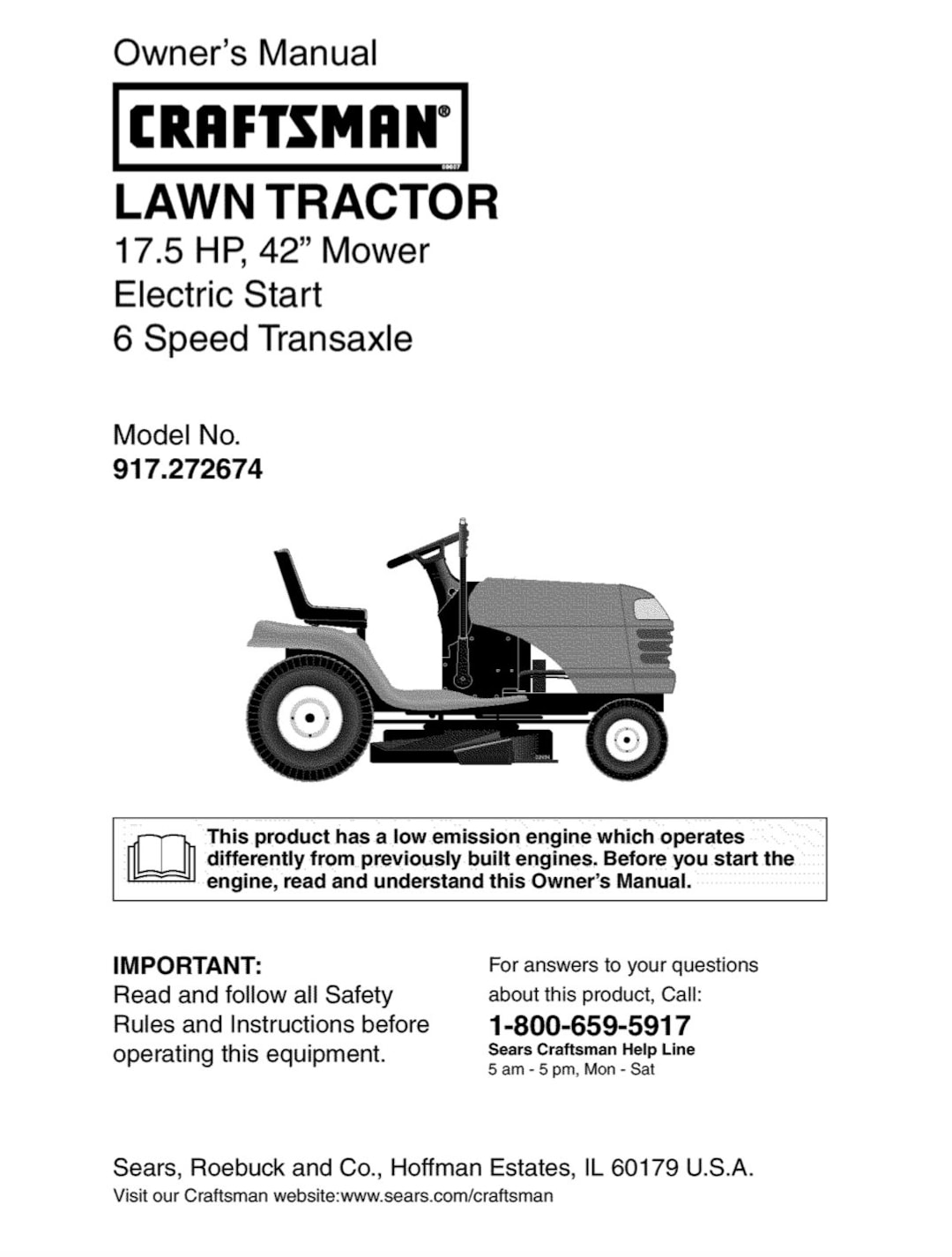 Sears LT1000 Craftsman 6sp 17.5 42" Tractor Owner & Parts Manual 917. ...