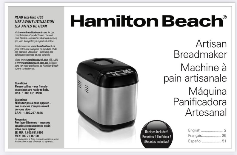 Hamilton Beach Artesian Bread Maker Machine Owner & Recipe Manual 80 ...