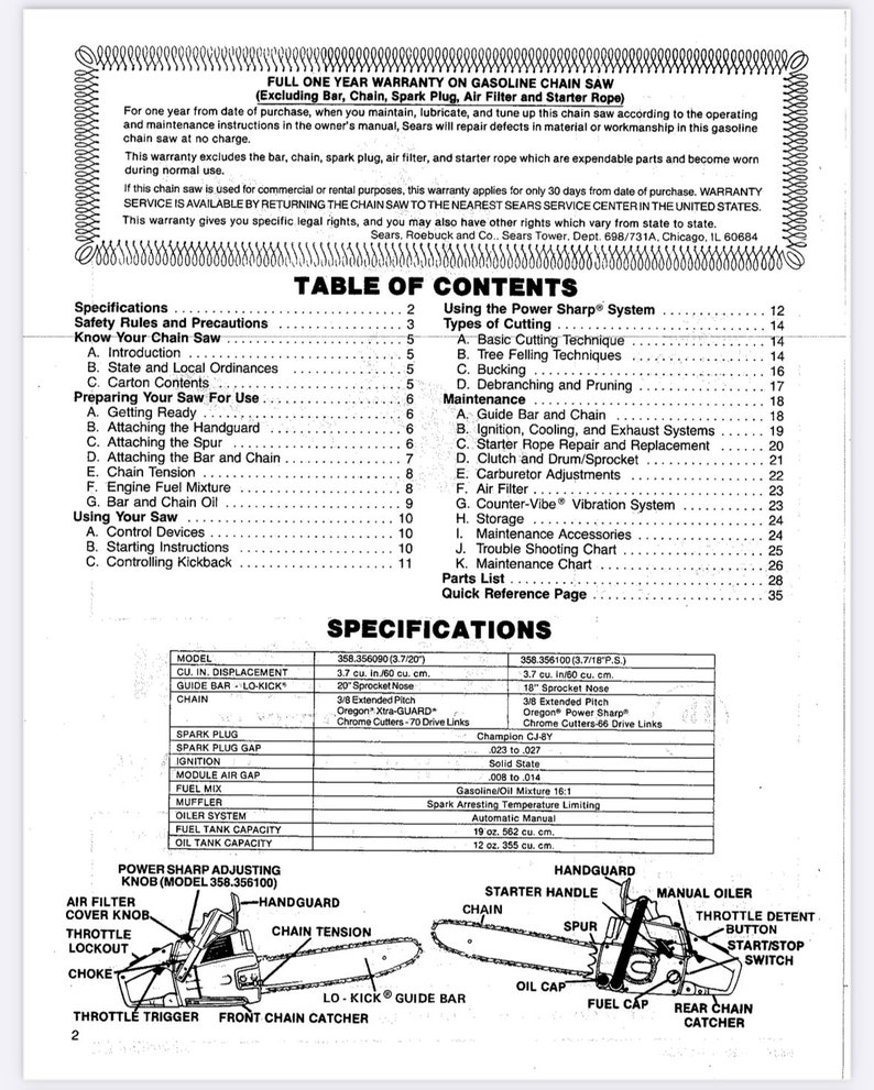 Sears Chainsaw 358.356090 -3.7/20 3.7/18 PS Operator's Manual Digital ...