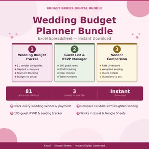Op de afbeelding: Een digitale bruiloft budget planner bundel in roze en paars. Het bevat een bruiloft budget tracker, gastenlijst en RSVP manager, en leverancier vergelijking tools. Functies omvatten 81 automatische berekeningen en direct downloaden.