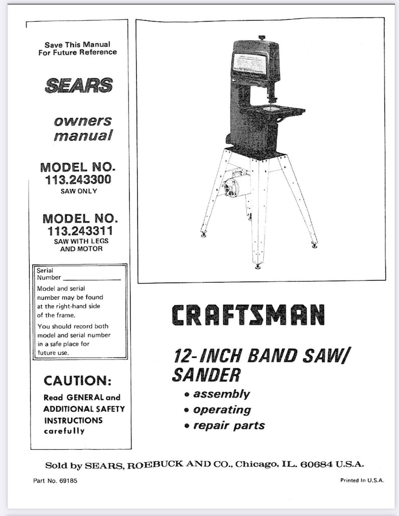 12 Inch Band Saw/sander Owners Operators Repair Manual Craftsman No