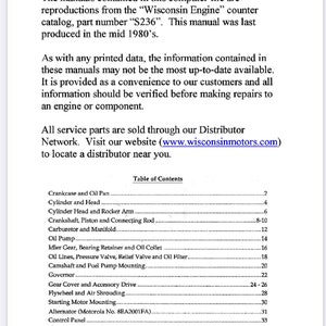 Könnte beinhalten: Ein schwarzweißes Dokument mit dem Titel "Wichtige Hinweise" und einem Inhaltsverzeichnis für ein Handbuch von Wisconsin Engine. Das Dokument besagt, dass die Informationen aus der Mitte der 1980er Jahre stammen und möglicherweise nicht aktuell sind. Es enthält auch eine Website-Adresse für das Händlernetzwerk: www.wisconsinmotors.com.