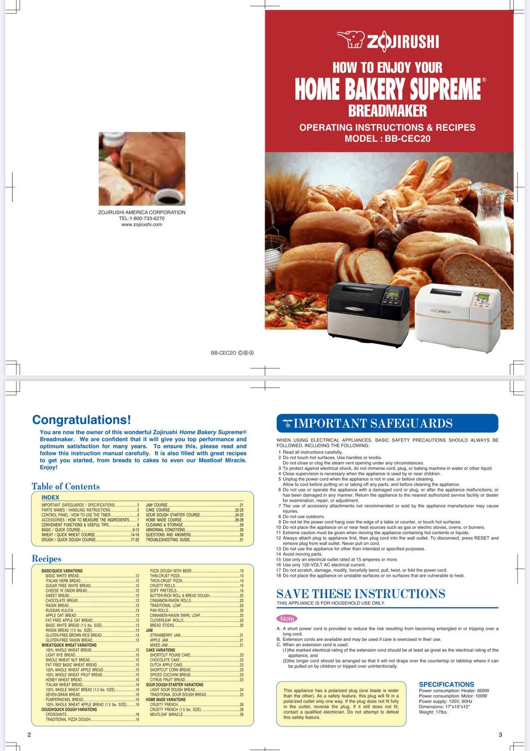 Zojirushi BBCEC20 2 Lb Bread Maker Owner Manual 32 Pages Plus Recipes