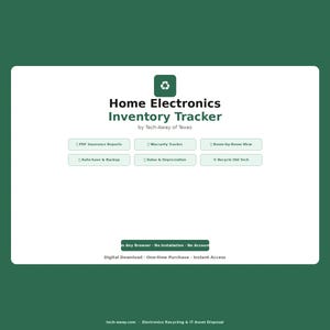 Può includere: Interfaccia digitale per un tracker di inventario di elettronica domestica. Lo schermo bianco mostra il titolo "Home Electronics Inventory Tracker" con diversi pulsanti funzione. Lo sfondo è verde scuro.