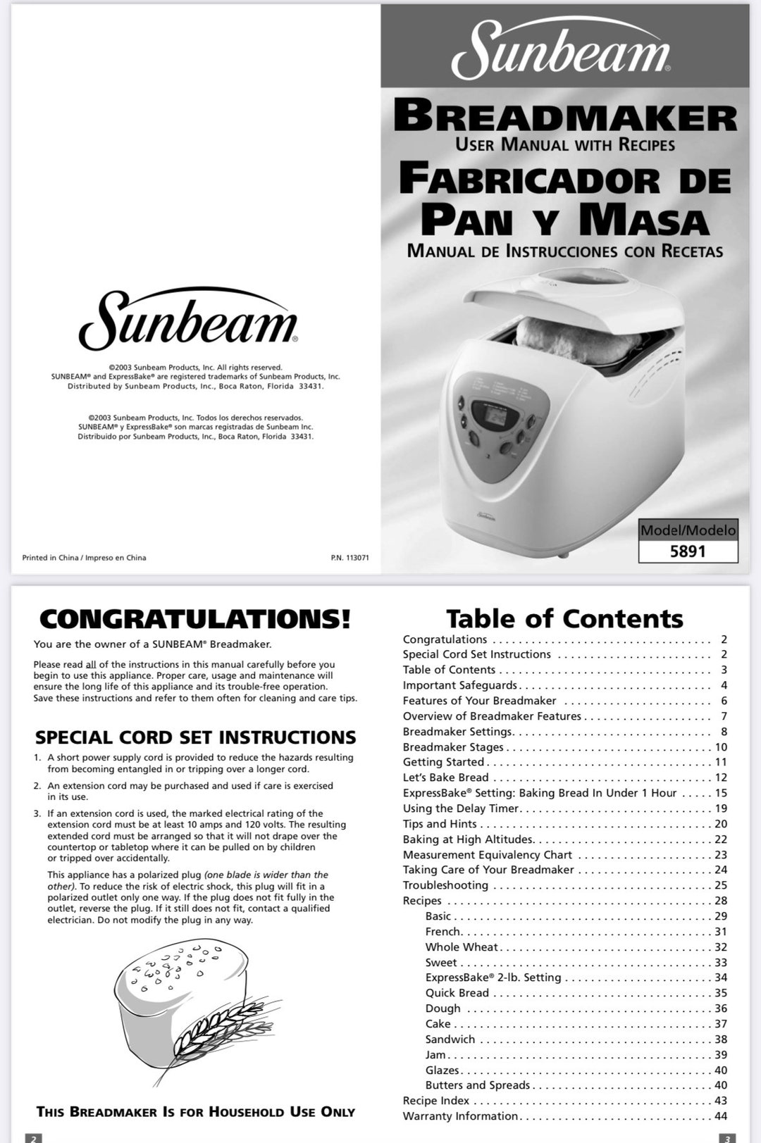 Sunbeam Bread Machine Instruction Manual – Fits Models 5891, 5895, BM2100, BM2500, BM3400, BM3500