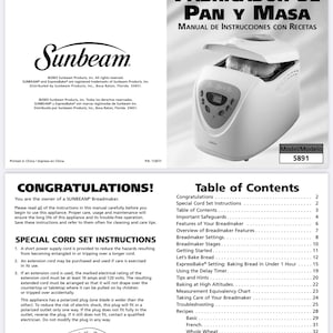 Op de afbeelding: Een zwart-witte afbeelding van een Sunbeam broodbakmachine met een witte deksel die open is, waardoor een brood te zien is. De handleiding bevat een inhoudsopgave met recepten voor verschillende soorten brood, waaronder Frans brood, volkorenbrood, zoet brood en snel brood.