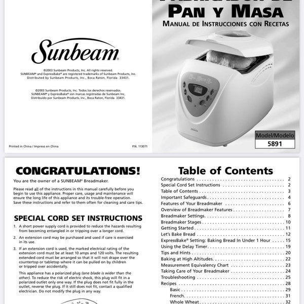 Sunbeam 5891 Panificadora Automática MANUAL 44 páginas más recetas Descarga Digital