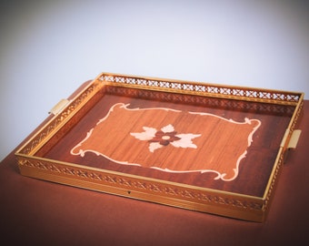 Vintage Wooden Serving Tray With Handles, Antique Wooden Tray With a Floral Motive, Home Decor