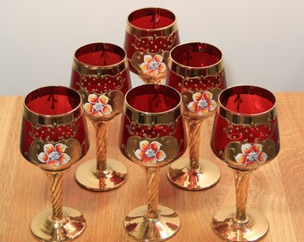 Venetian Wine Goblets, Set of 6 Wine Glasses, Venetian 24k Gold With Hand Painted Applied Flower Designs, Venetian Murano Red