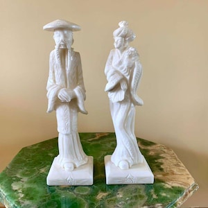17' Vintage Heavy Large Alabaster Asian Couple Statues, Oriental Figurines, Natural Carved Stone, Chinese Pair of  Man&Woman,