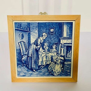 Vintage Delft Blue Tile in Wooden Frame, Country Scene, Dutch Ceramic Hand Painted, Pottery Wall Hanging Tile, Decorative Tile,