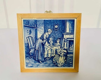 Vintage Delft Blau Fliese im Holzrahmen, Landszene, niederländische Keramik handbemalt, Keramik Wandbehang Fliese, dekorative Fliese,