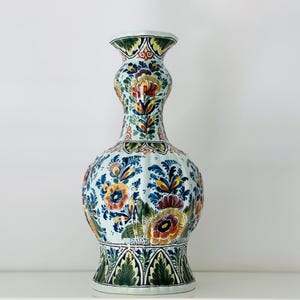 Vintage Delft Polychrome Hand Painted Vase, Multicolor Floral Pattern, Delft OUD 1950's, Made in Holland, Original Signed, Centerpiece