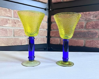 Vintage Yellow/Cobalt Blue Textured Thick stem Wine Glasses/Goblets, Hand Blown, Martini Glasses, Set of 2, Barware, Cocktail Party Set