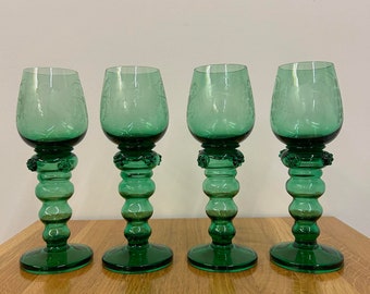 Vintage Green Glass Roemer Bubble Stem Goblets, Etched Grapes, Multiple Ball Stem, Blown Glass, Barware, Antique German Glassware