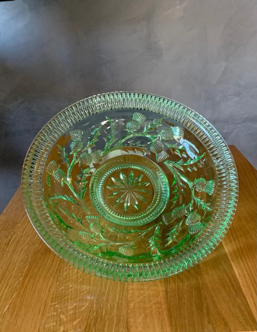 Vintage Glass Serving Bowl With Thistle Pattern and Scalloped Edge