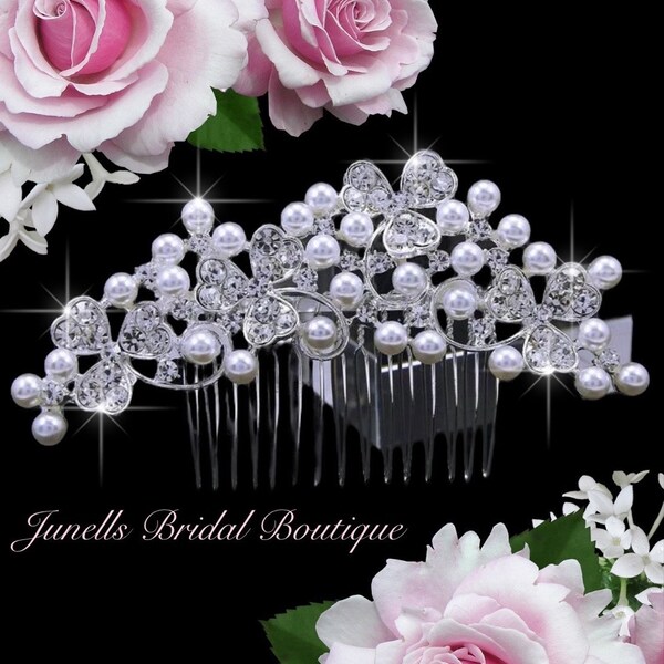 Wedding  pearl and diamond hair clip comb GIFT INCLUDED silver leaf faux pearl  diamante  hair slide wedding hair accessories