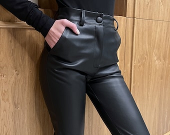 Pantalon ajusté en éco-cuir, leggings noirs à taille haute, pantalon en simili cuir taille haute