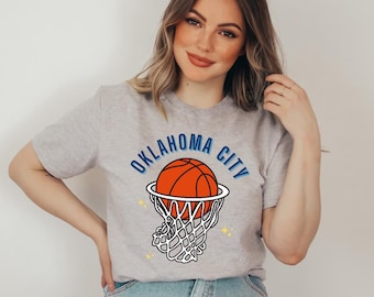 Girly Oklahoma City Basketball Hoop Tshirt, Cute OKC Thunder Shirt, Retro Sporty Tee For Women, NBA Game Day Apparel, Gifts For Sports Fans