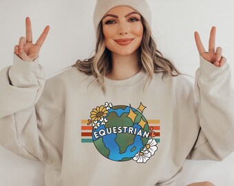 Retro Hippie Equestrian Sweatshirt, Horse Racing Sweater, Horseback Riding Pullover, Horse Owner Gift for Christmas, Horse Lover Shirt
