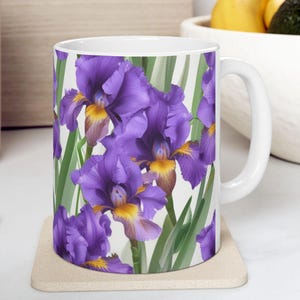 Floral Iris Ceramic Mug, Perfect for Tea and Coffee Lovers, Gifts for Gardeners, Mothers Day, Home Decor, Flower Lovers