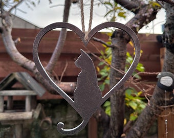 Metal Sitting Cat Love Heart | Unique Pet Decor, Garden Art, Housewarming Gift, Animal Lover's Gift | Rusty Outdoor Hanging Sculpture