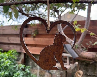 Metal Cat Love Heart | Unique Pet Decor, Garden Art, Housewarming Gift, Animal Lover's Gift | Rusty Outdoor Hanging Sculpture