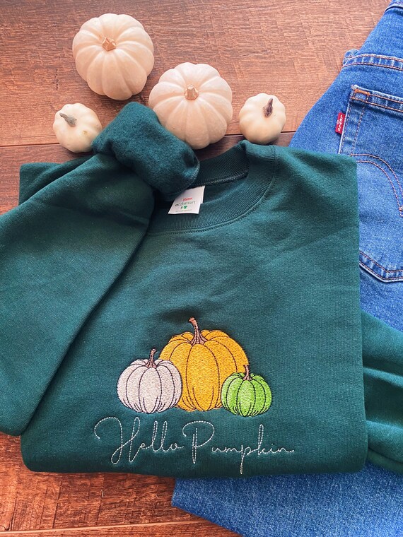 Hello Pumpkin Fall Embroidered Crewneck Sweatshirt