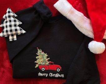 Julgranslastbil God Jul Broderad Rundkragetröja