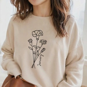 January Birth Flower Classic Crewneck Sweatshirt | Personalized January Birthday Minimalist Floral Gift Shirt